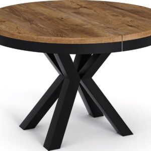 WFL GROUP Loft Style Extendable Round Dining Table - Industrial Table with Black Metal Legs - Space Saving for Living Room and Living Room - Lefkas Oak - 100cm