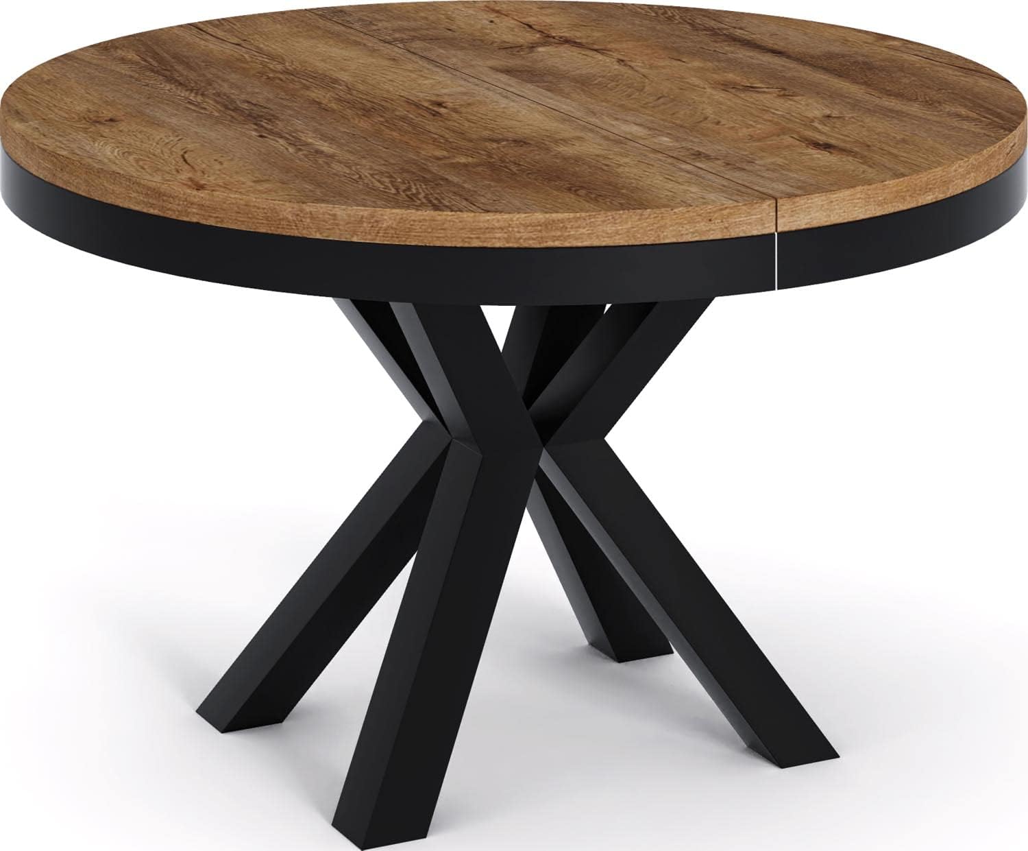 WFL GROUP Loft Style Extendable Round Dining Table - Industrial Table with Black Metal Legs - Space Saving for Living Room and Living Room - Lefkas Oak - 100cm