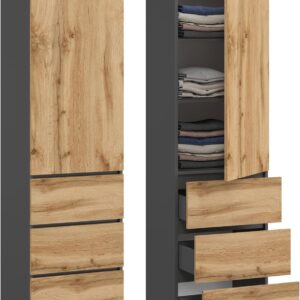 KUBUTKU Multi-Purpose Wardrobe with 3 Drawers and 3 Compartments and Doors – Universal Wardrobe for Office and Home 181 x 50 x 40 cm (Graphite/Wotan Oak)